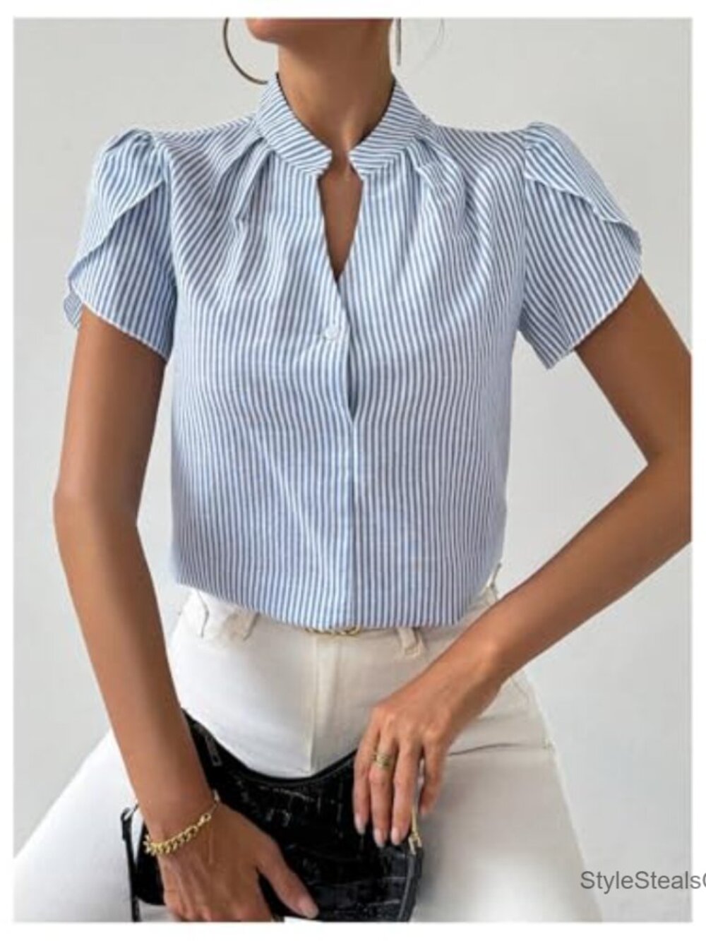 Striped V-Neck Blouse Short Sleeve Office Work Shirt Regular Fit - Picture 3 of 5